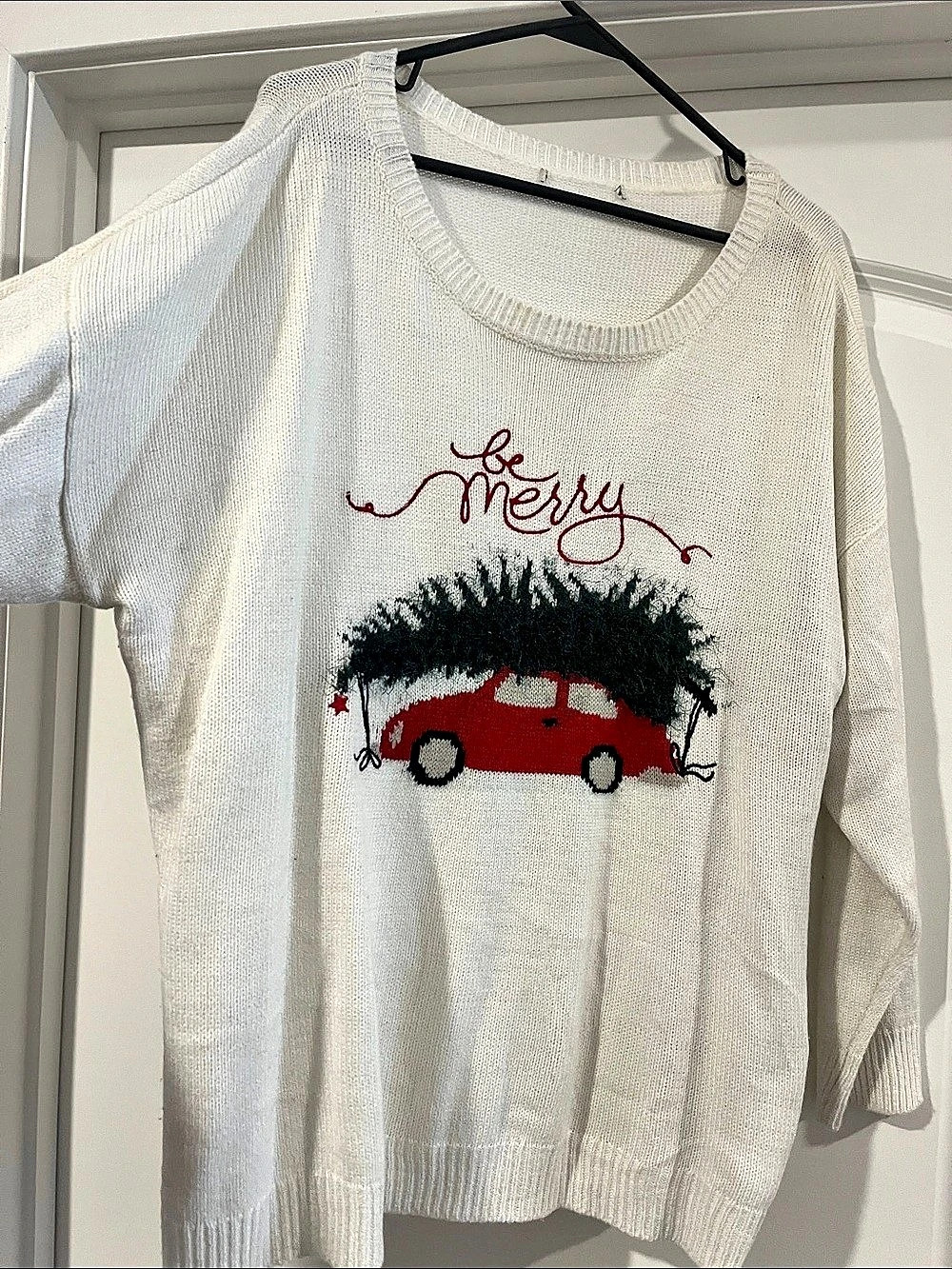 Christopher & Banks Be Merry Red Car Christmas Tree Holiday Sweater White